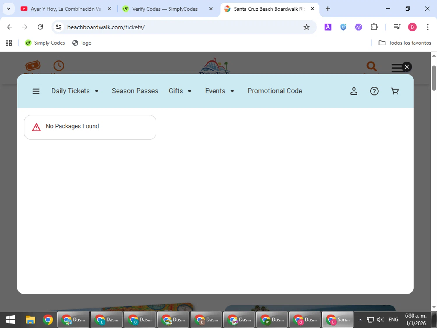 Santa Cruz Beach Boardwalk promo code screenshot showing code SCCFCU345 applied at Santa Cruz Beach Boardwalk checkout page. Uploaded by SimplyCodes community member bombontropical on Jan 1, 2026