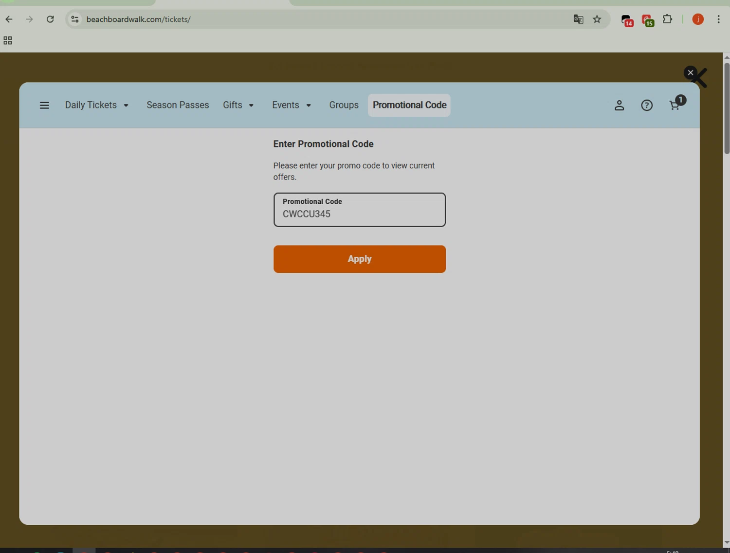 Santa Cruz Beach Boardwalk checkout page showing Santa Cruz Beach Boardwalk promo code box | Screenshot taken by SimplyCodes community member on Dec 15, 2025
