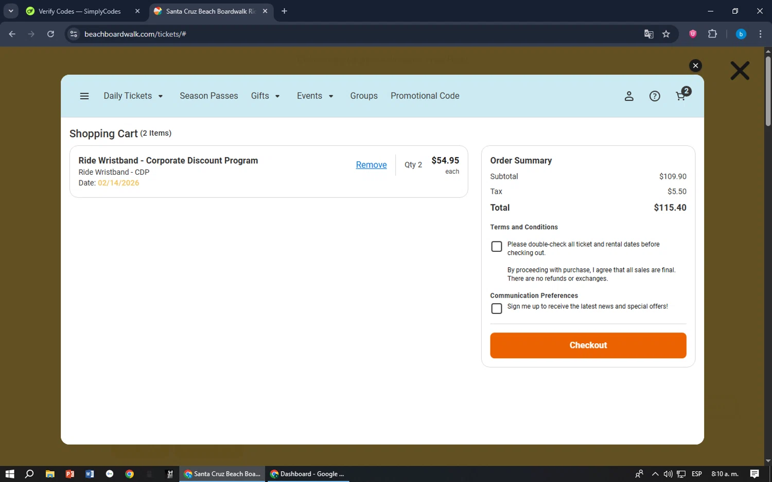 Santa Cruz Beach Boardwalk promo code screenshot showing code CWCCU345 applied at Santa Cruz Beach Boardwalk checkout page. Uploaded by SimplyCodes community member bilijr on Dec 27, 2025