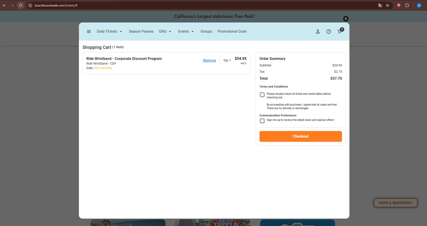 Santa Cruz Beach Boardwalk checkout page showing Santa Cruz Beach Boardwalk promo code box | Screenshot taken by SimplyCodes community member on Dec 17, 2025