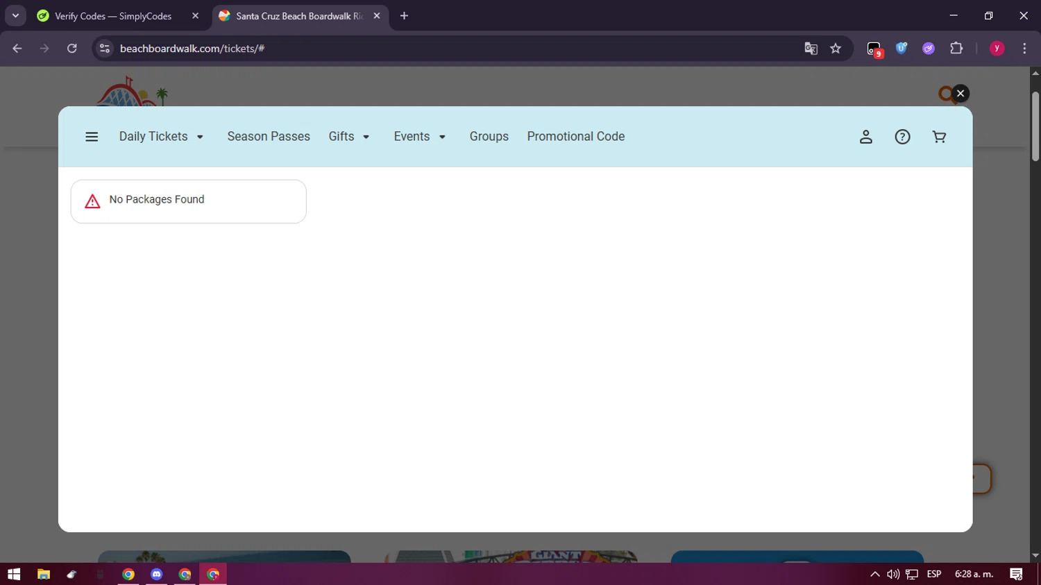 Santa Cruz Beach Boardwalk promo code screenshot showing code CASE345 applied at Santa Cruz Beach Boardwalk checkout page. Uploaded by SimplyCodes community member ValiantFox2134 on Jan 1, 2026