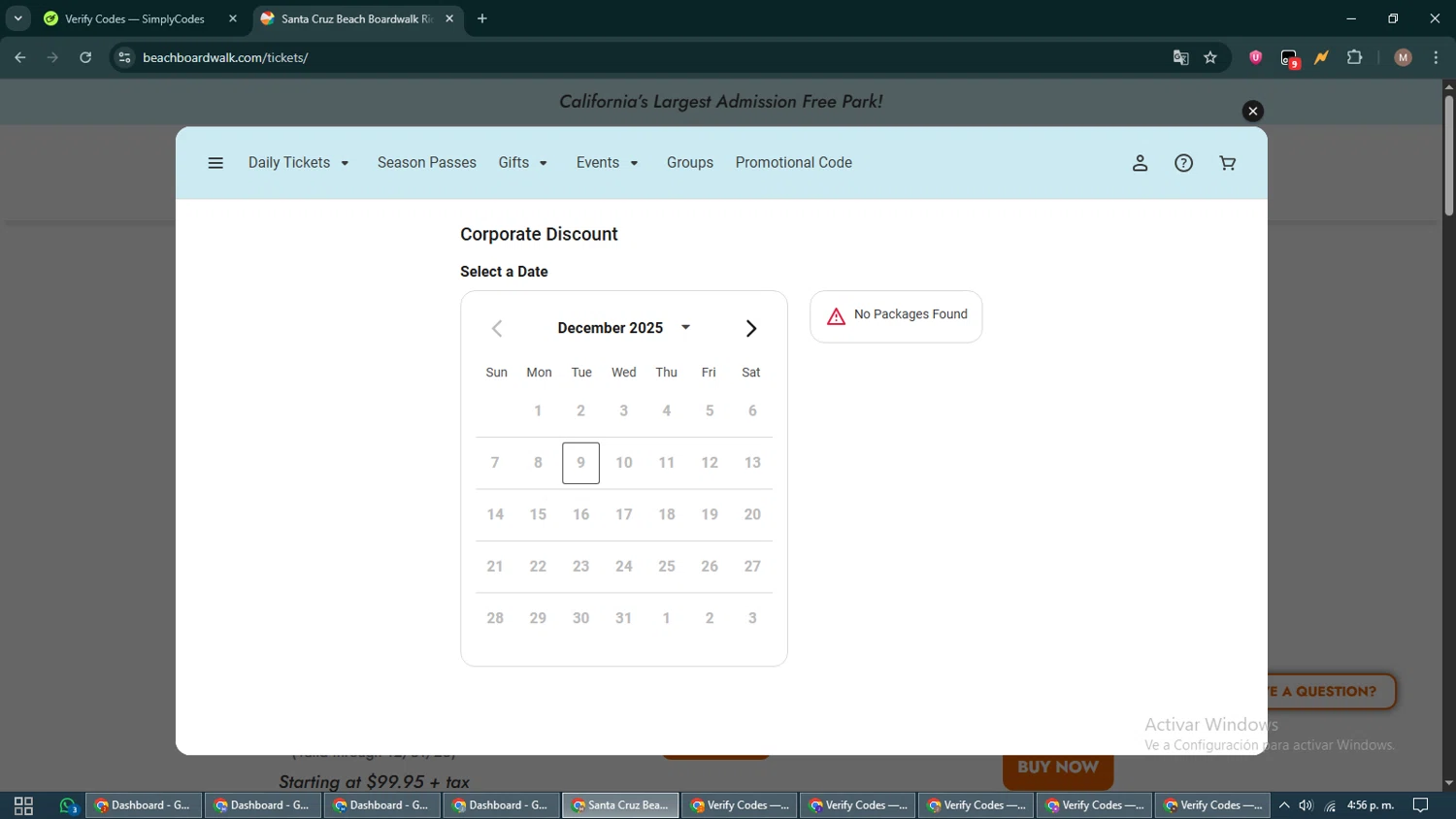 Santa Cruz Beach Boardwalk promo code screenshot showing code SAFEWAY345 applied at Santa Cruz Beach Boardwalk checkout page. Uploaded by SimplyCodes community member DiscountTitan4635 on Dec 9, 2025
