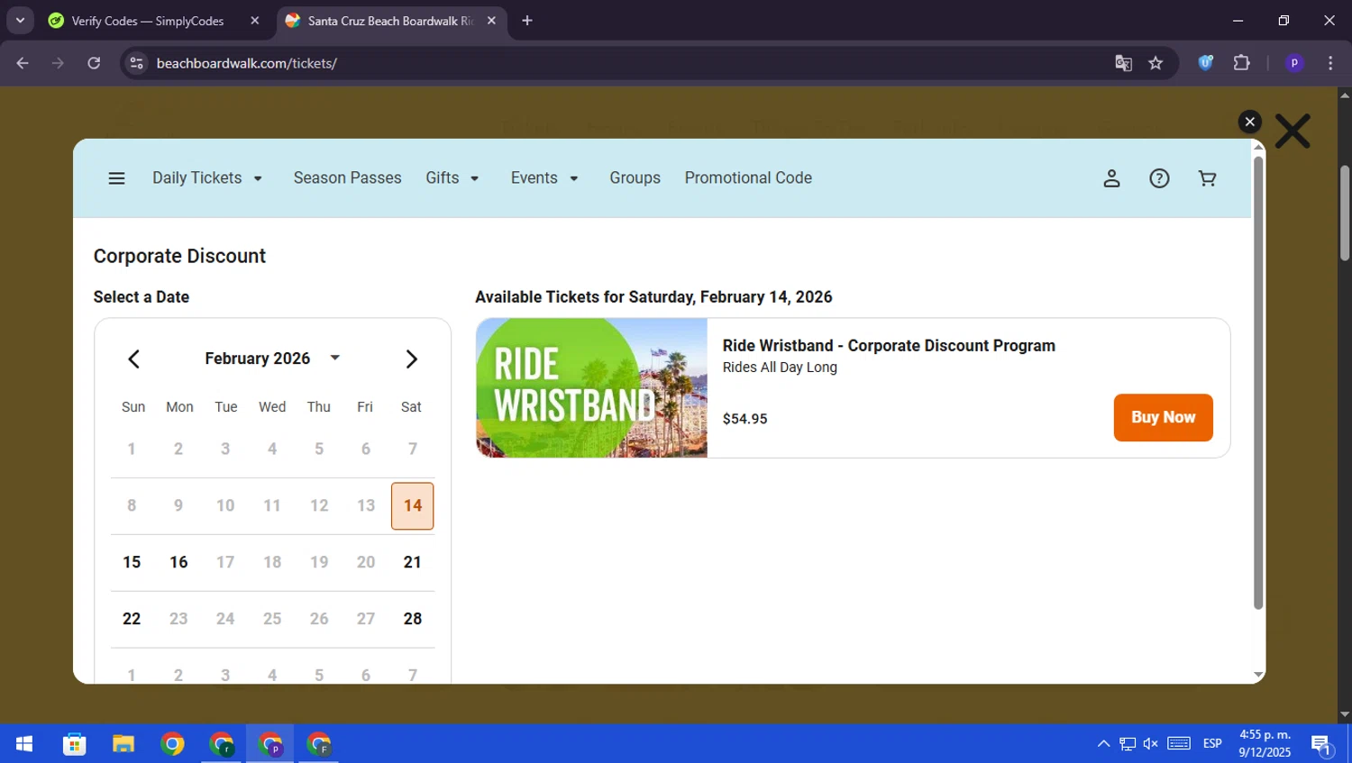 Santa Cruz Beach Boardwalk promo code screenshot showing code SAFEWAY345 applied at Santa Cruz Beach Boardwalk checkout page. Uploaded by SimplyCodes community member RebateScout6612 on Dec 9, 2025