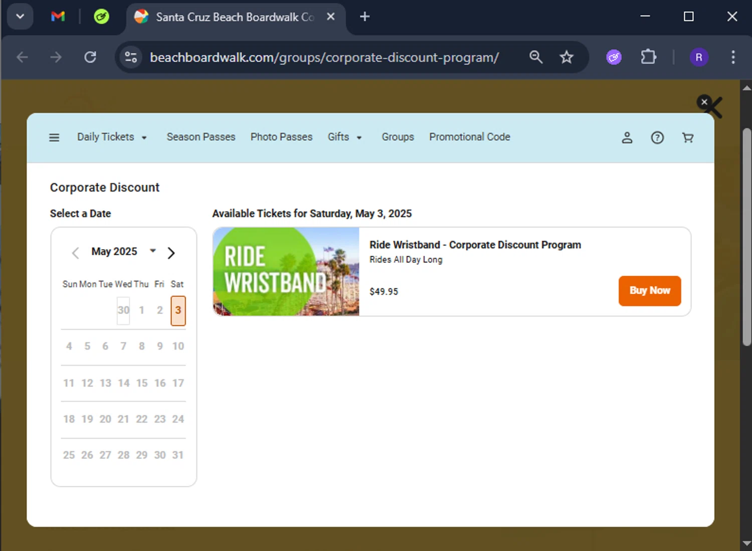 Santa Cruz Beach Boardwalk promo code screenshot showing code DLASJ345 applied at Santa Cruz Beach Boardwalk checkout page. Uploaded by SimplyCodes community member CashCollector4199 on May 1, 2025