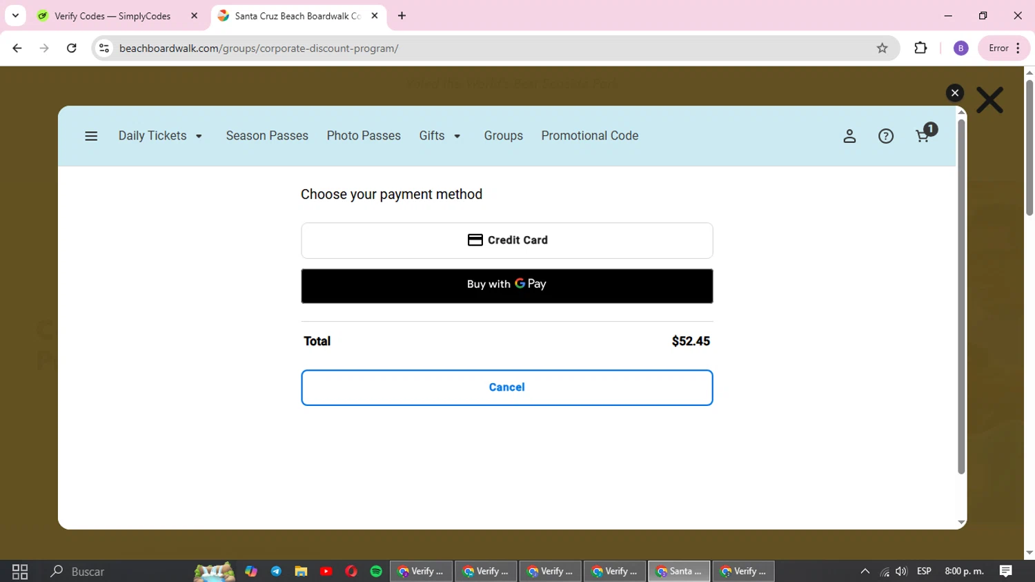 Santa Cruz Beach Boardwalk promo code screenshot showing code DLASJ345 applied at Santa Cruz Beach Boardwalk checkout page. Uploaded by SimplyCodes community member sophie1414 on May 1, 2025