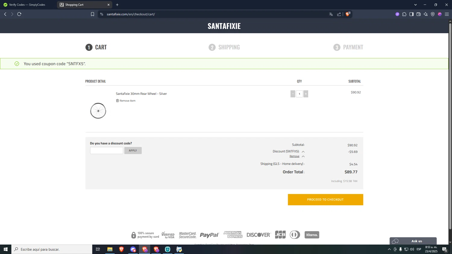 Santa Fixie checkout page showing Santa Fixie discount code box | Screenshot taken by SimplyCodes community member on Apr 23, 2025
