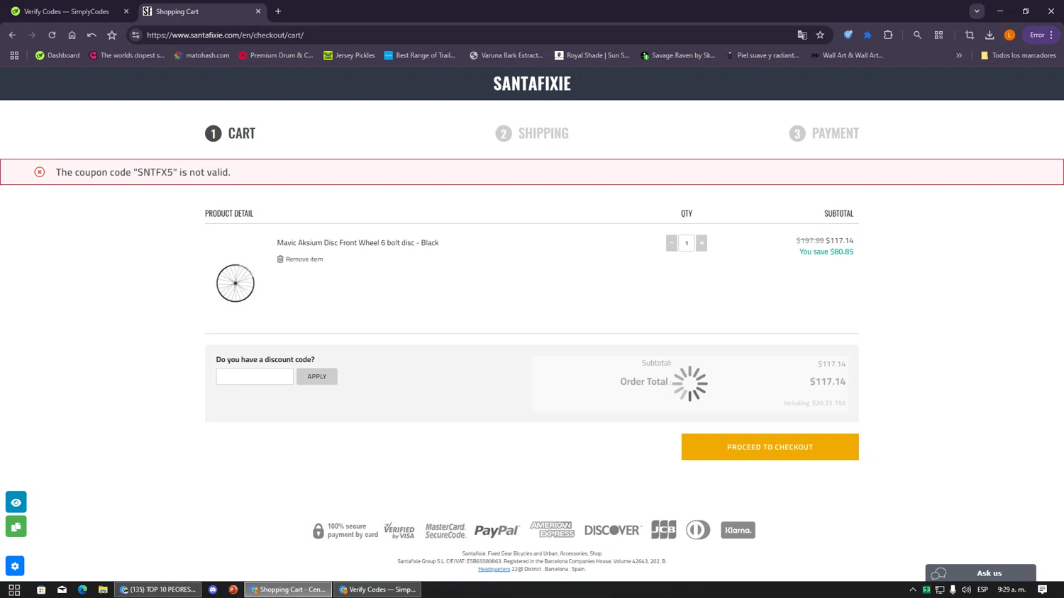 Santa Fixie discount code screenshot showing code SNTFX5 applied at Santa Fixie checkout page. Uploaded by SimplyCodes community member VayneChambeadora on Jan 18, 2026