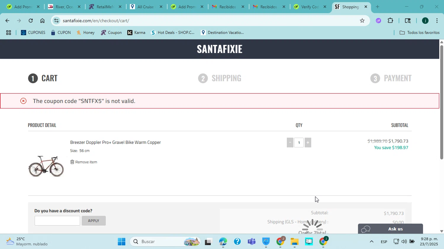 Santa Fixie checkout page showing Santa Fixie discount code box | Screenshot taken by SimplyCodes community member on Jul 24, 2025