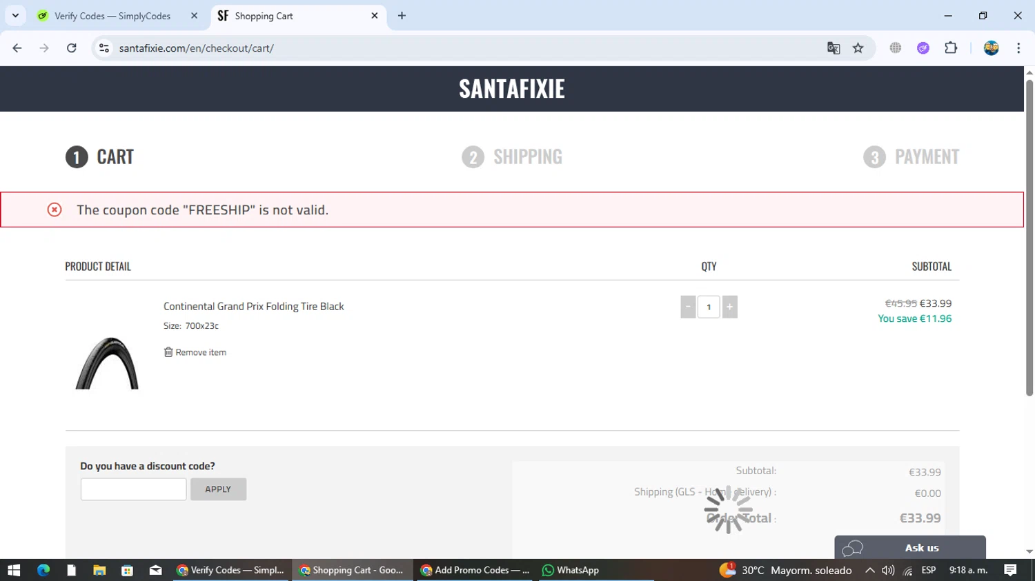 Santa Fixie discount code screenshot showing code FREESHIP applied at Santa Fixie checkout page. Uploaded by SimplyCodes community member EpicTracker8800 on Nov 8, 2025