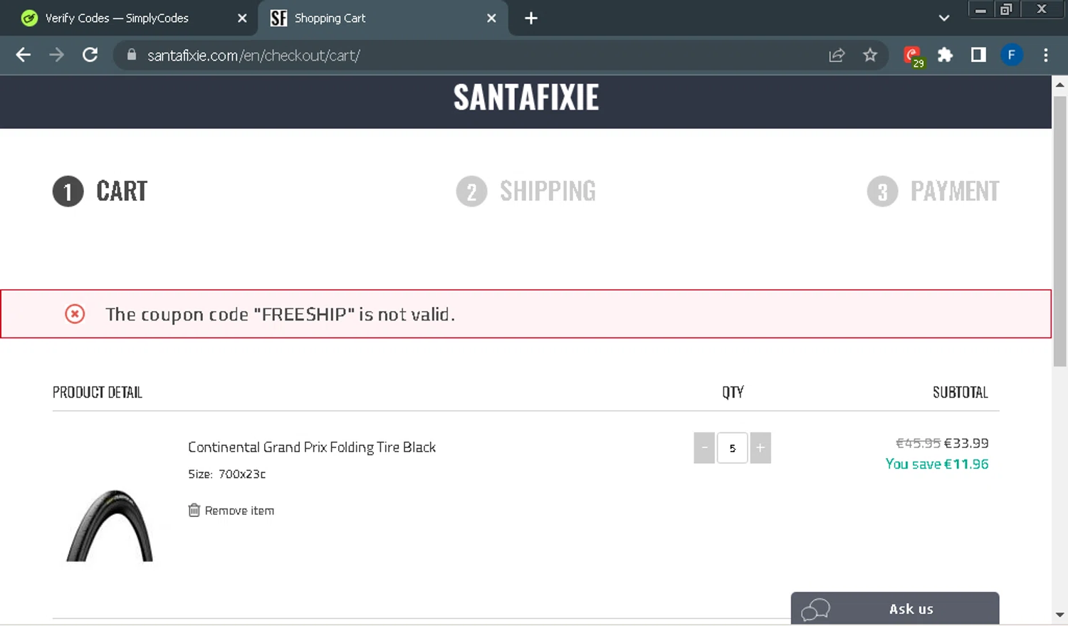 Santa Fixie discount code screenshot showing code FREESHIP applied at Santa Fixie checkout page. Uploaded by SimplyCodes community member Fraimer on Nov 8, 2025
