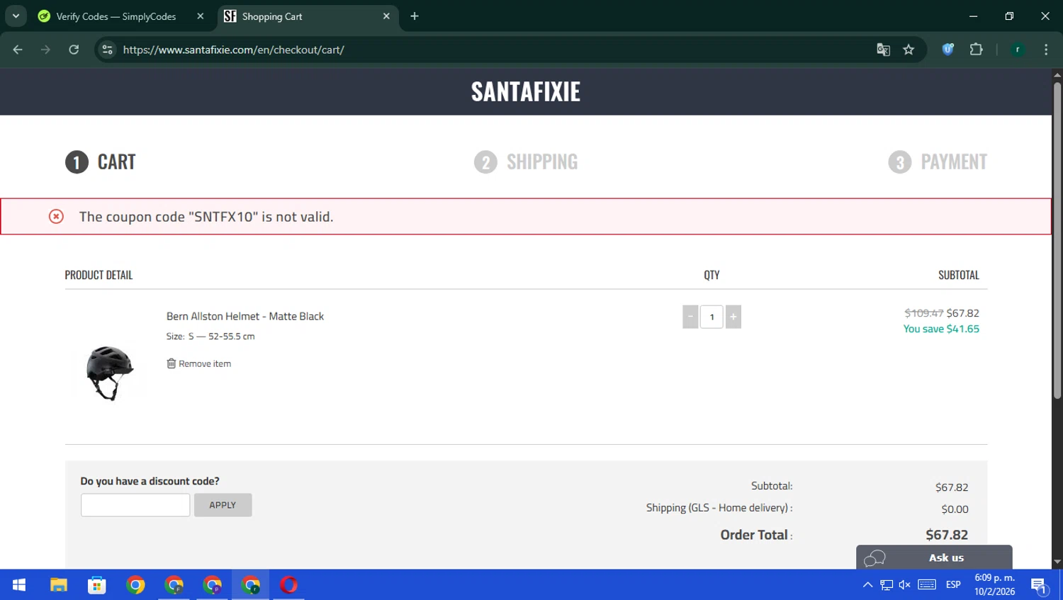 Santa Fixie discount code screenshot showing code SNTFX10 applied at Santa Fixie checkout page. Uploaded by SimplyCodes community member rodri1 on Feb 10, 2026