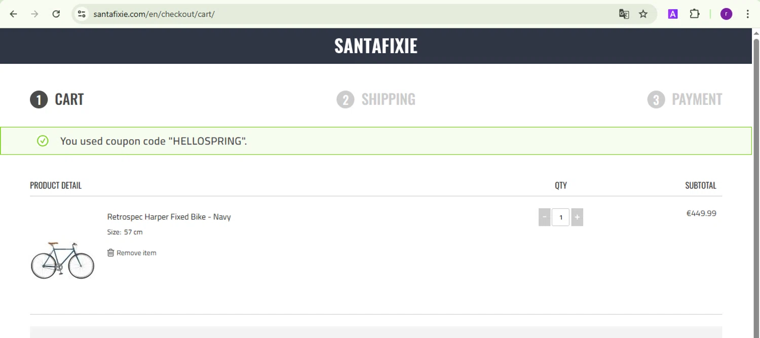 Santa Fixie checkout page showing Santa Fixie discount code box | Screenshot taken by SimplyCodes community member on Mar 20, 2025