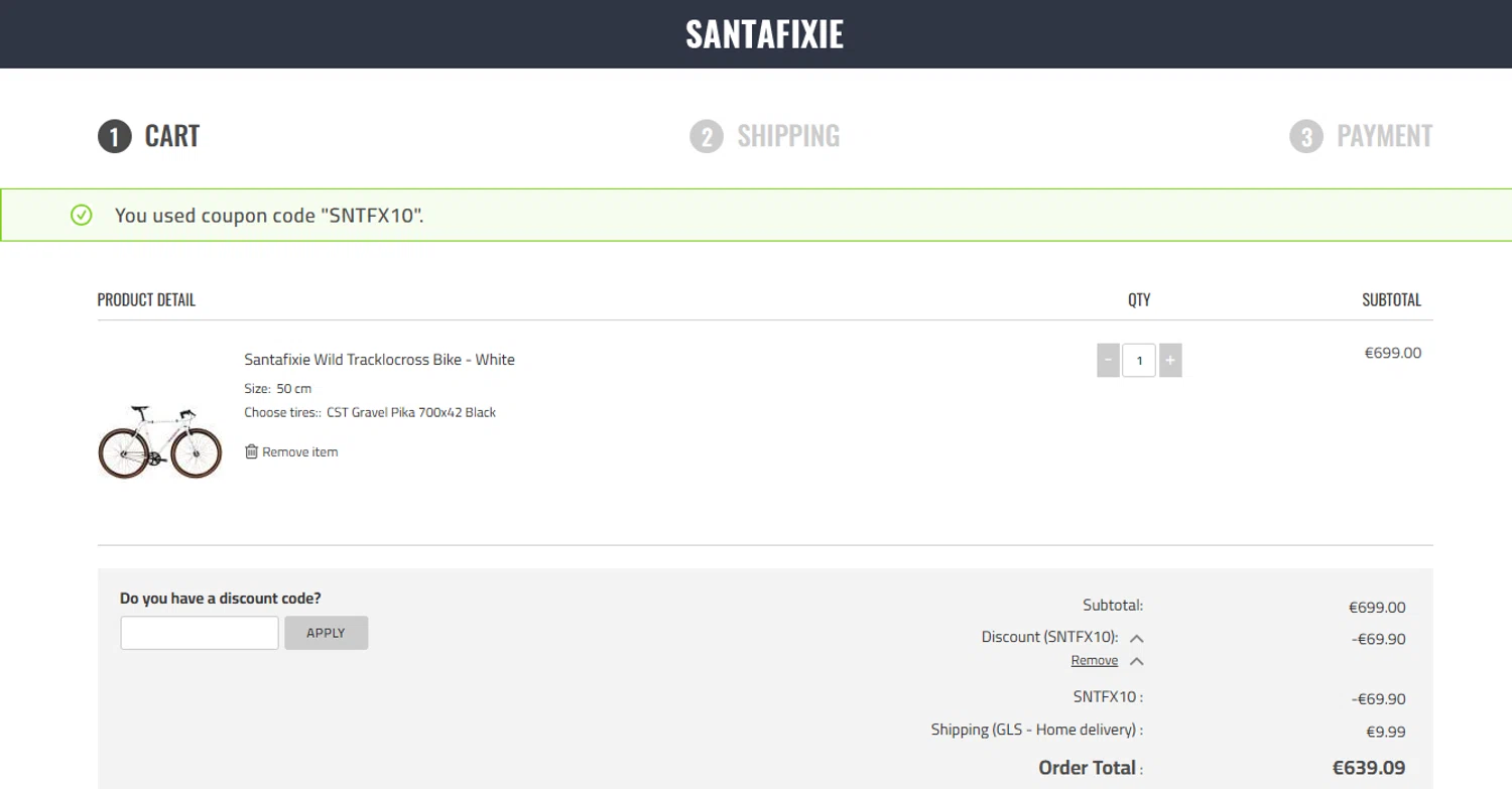 Santa Fixie discount code screenshot showing code SNTFX10 applied at Santa Fixie checkout page. Uploaded by SimplyCodes community member SilverMakeup on Feb 10, 2026