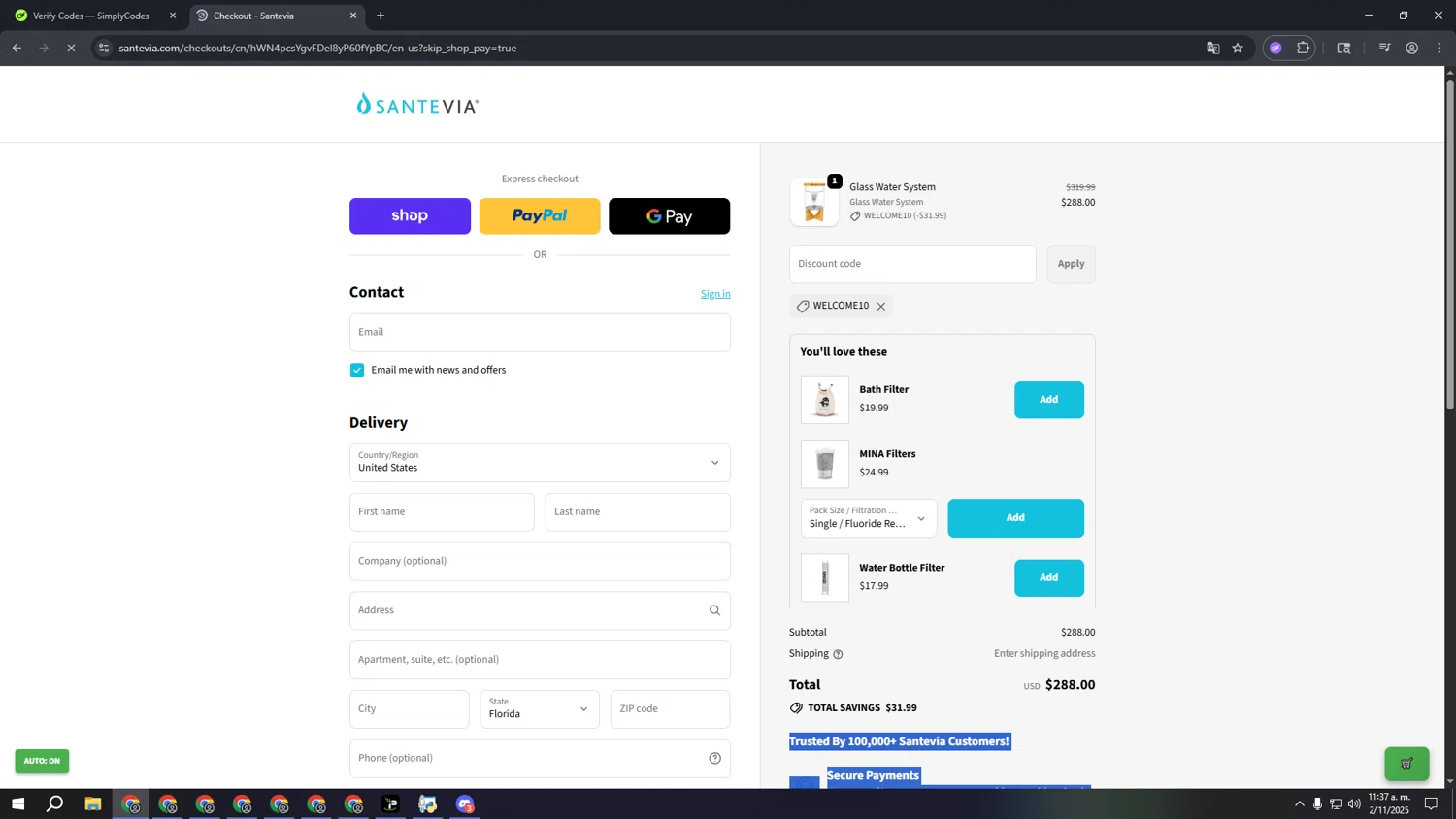 Santevia checkout page showing Santevia discount code box | Screenshot taken by SimplyCodes community member on Nov 2, 2025
