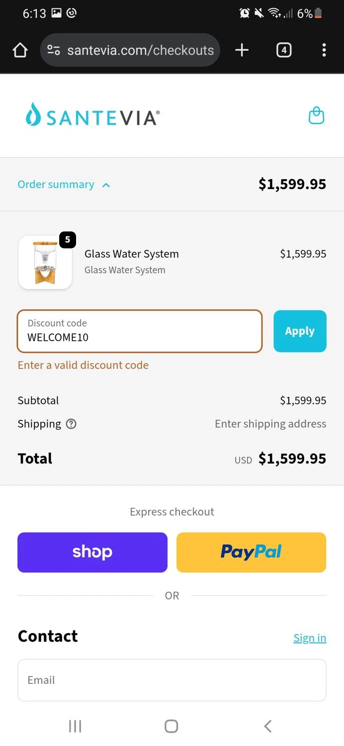 Santevia discount code screenshot showing code WELCOME10 applied at Santevia checkout page. Uploaded by SimplyCodes community member CouponSaver4196 on Nov 16, 2025
