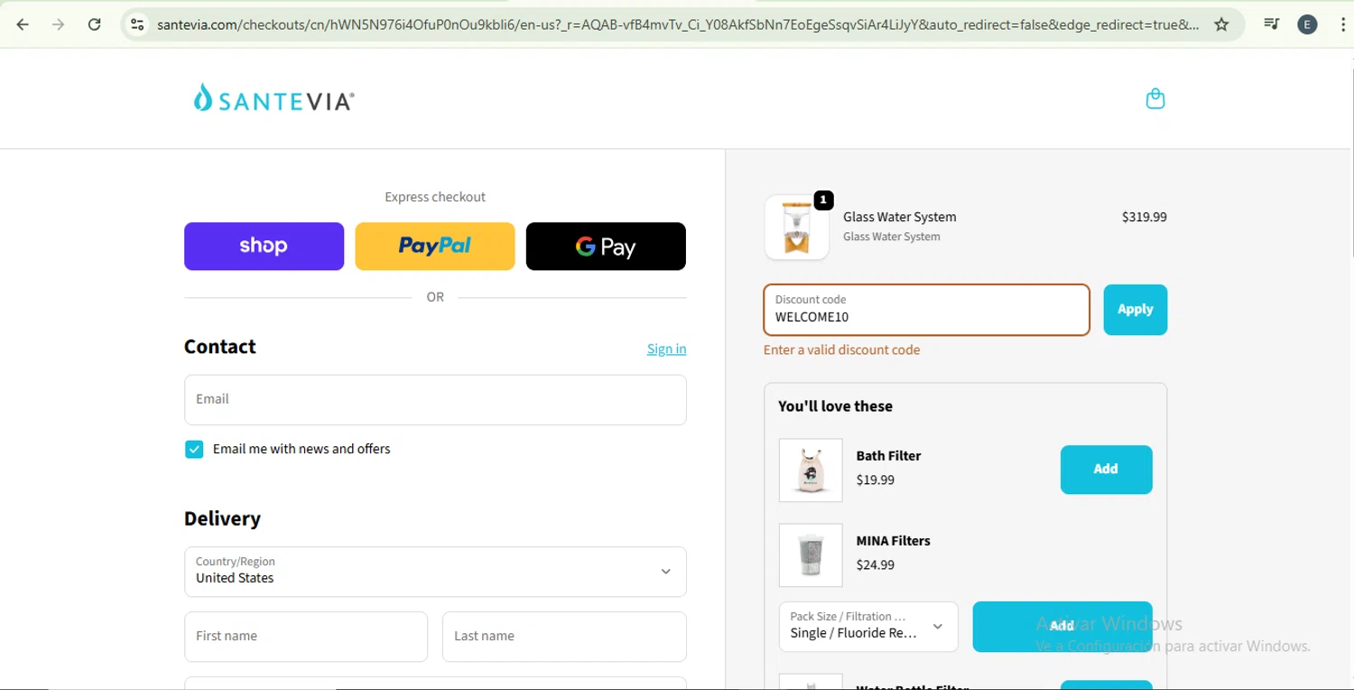 Santevia discount code screenshot showing code WELCOME10 applied at Santevia checkout page. Uploaded by SimplyCodes community member SilverKnight4465 on Nov 16, 2025