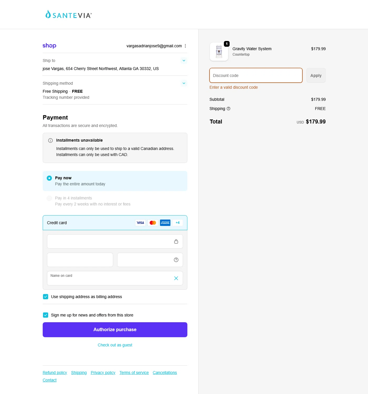 Santevia discount code screenshot showing code wellnesswhannah applied at Santevia checkout page. Uploaded by SimplyCodes community member WladimirV on Sep 25, 2025