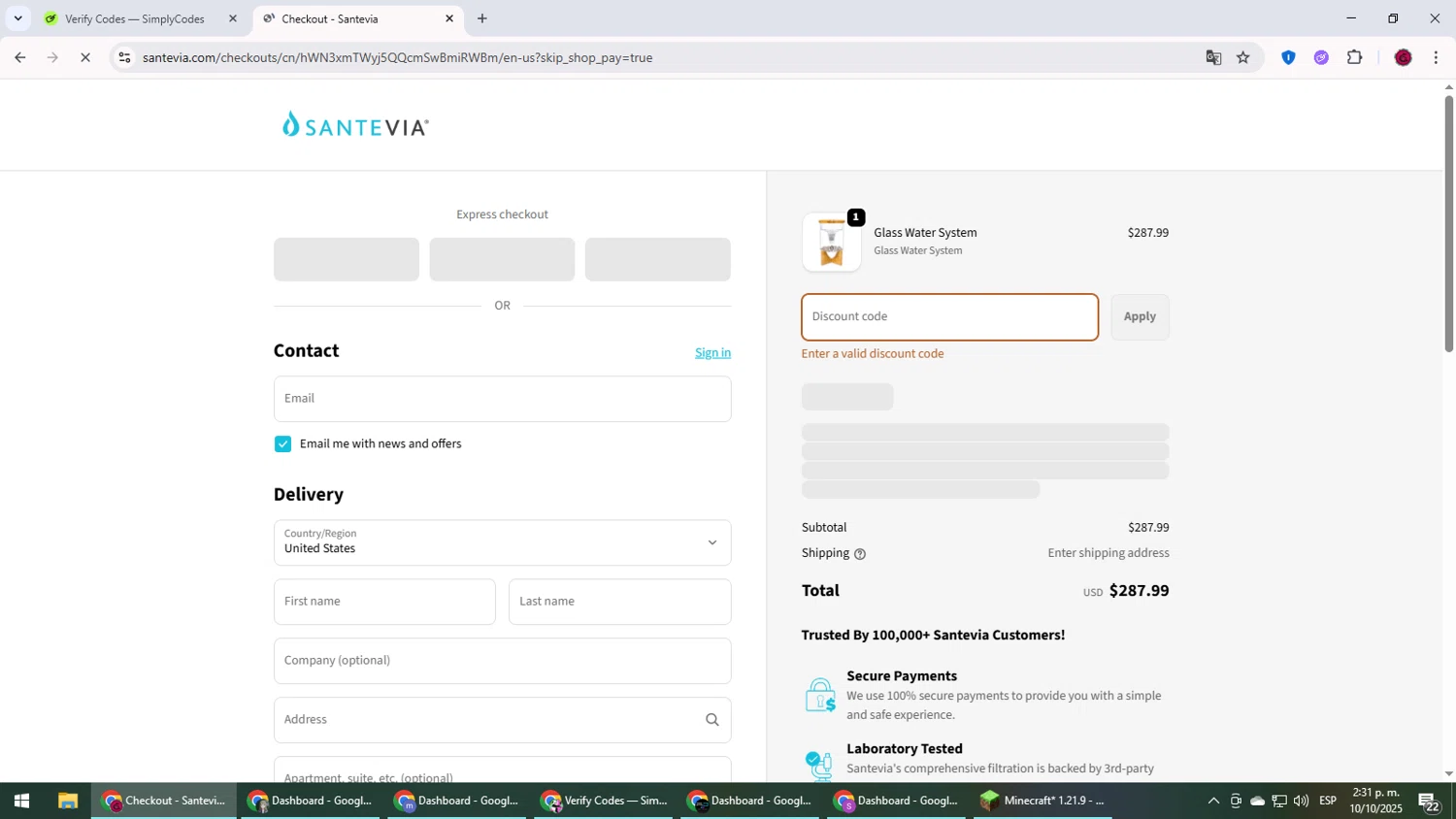 Santevia discount code screenshot showing code PUREHOLISTICLIFE applied at Santevia checkout page. Uploaded by SimplyCodes community member MightyLegend6657 on Oct 10, 2025
