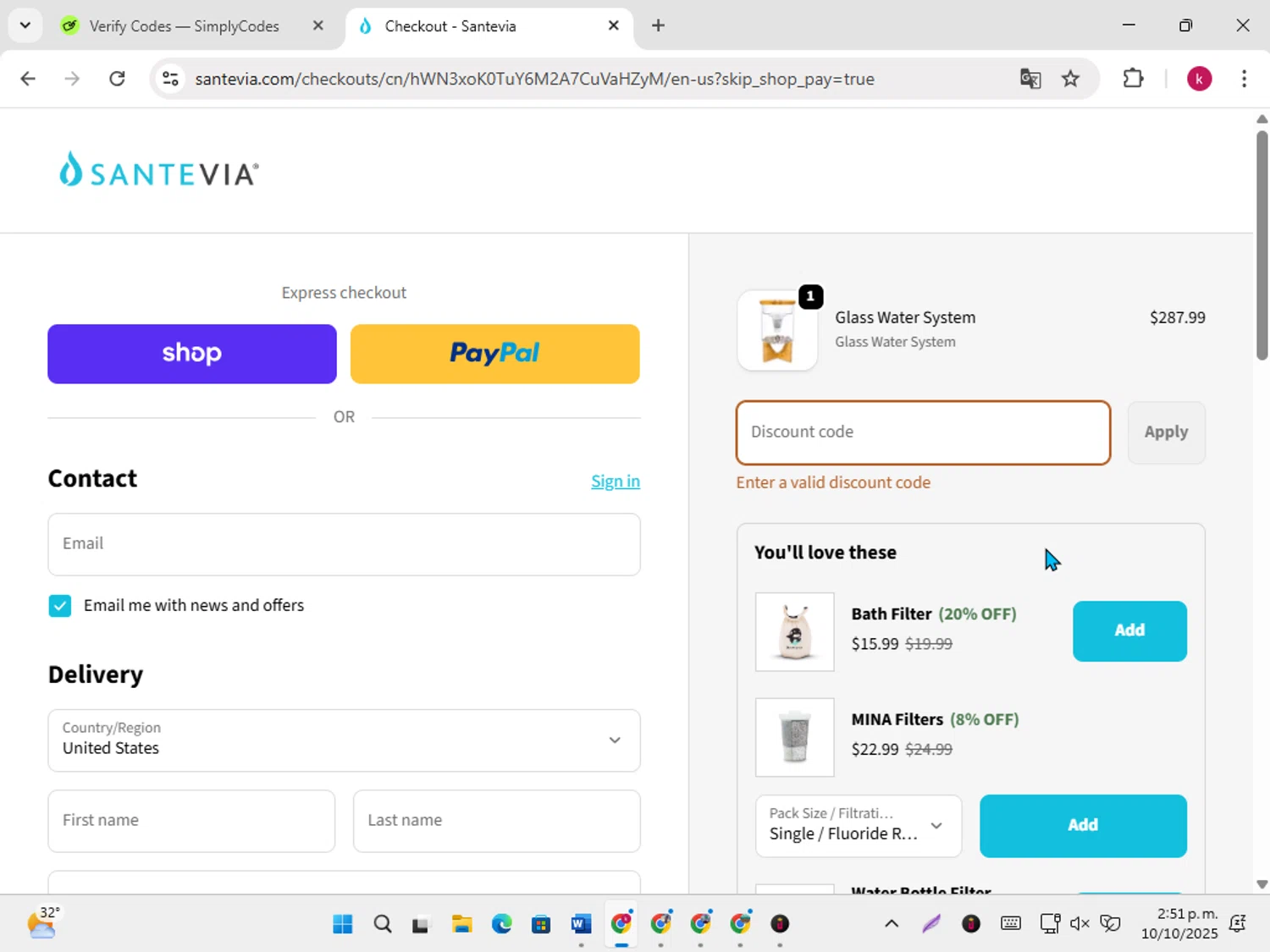 Santevia discount code screenshot showing code PUREHOLISTICLIFE applied at Santevia checkout page. Uploaded by SimplyCodes community member karoline on Oct 10, 2025