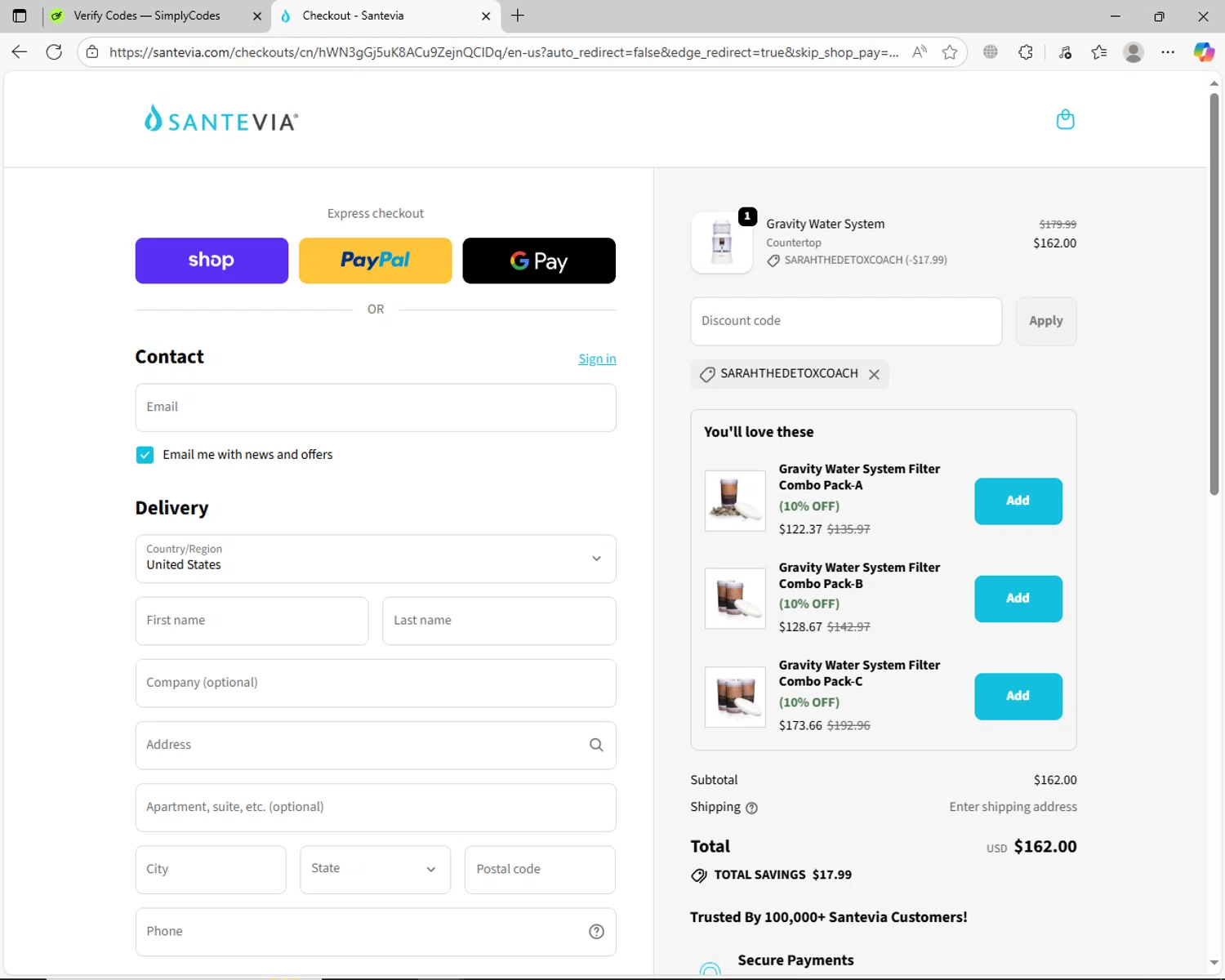 Santevia checkout page showing Santevia discount code box | Screenshot taken by SimplyCodes community member on Oct 3, 2025