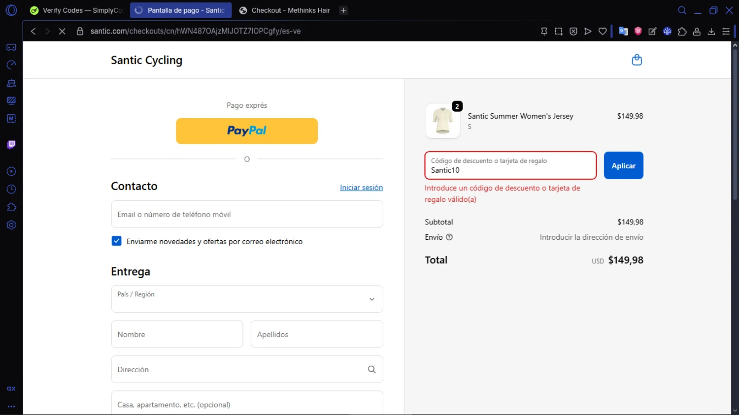 Santic Cycling promo code screenshot showing code Santic10 applied at Santic Cycling checkout page. Uploaded by SimplyCodes community member ACIDOSULFURICO on Oct 15, 2025
