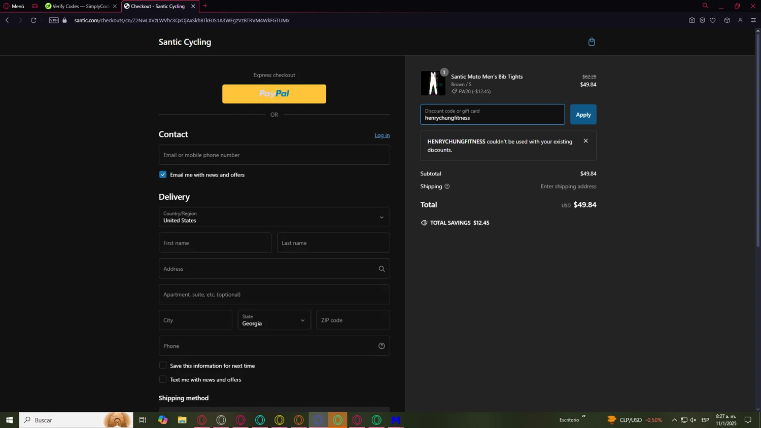 Santic Cycling promo code screenshot showing code henrychungfitness applied at Santic Cycling checkout page. Uploaded by SimplyCodes community member DealCaptain7241 on Jan 11, 2025