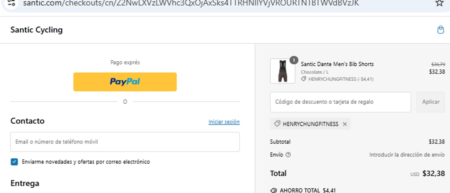 Santic Cycling promo code screenshot showing code henrychungfitness applied at Santic Cycling checkout page. Uploaded by SimplyCodes community member PennyOwl2559 on Feb 4, 2025