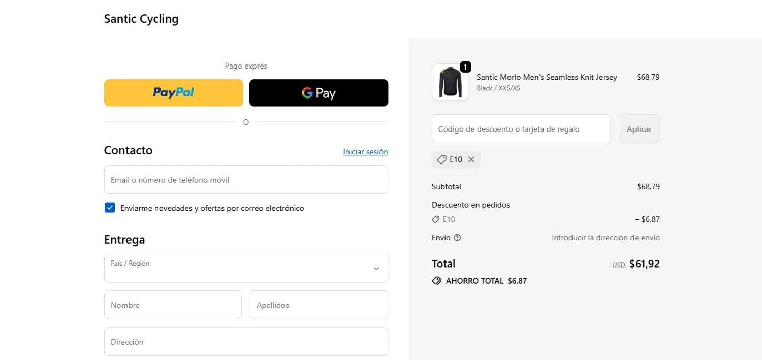 Santic Cycling promo code screenshot showing code E10 applied at Santic Cycling checkout page. Uploaded by SimplyCodes community member MagnificentCollector7829 on Sep 25, 2025