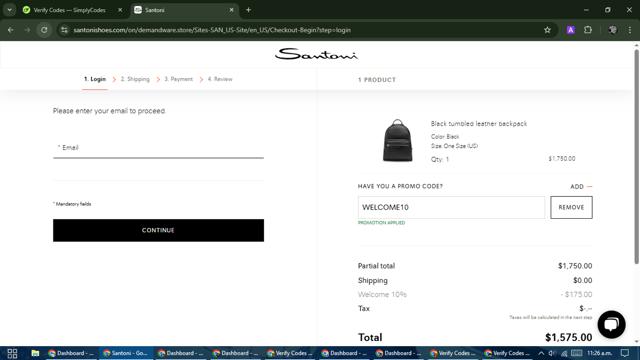 Santoni checkout page showing Santoni promo code box | Screenshot taken by SimplyCodes community member on Mar 17, 2025