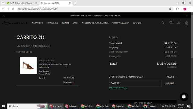 Santoni checkout page showing Santoni promo code box | Screenshot taken by SimplyCodes community member on Mar 3, 2025