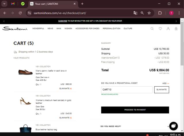 Santoni checkout page showing Santoni promo code box | Screenshot taken by SimplyCodes community member on Mar 3, 2025