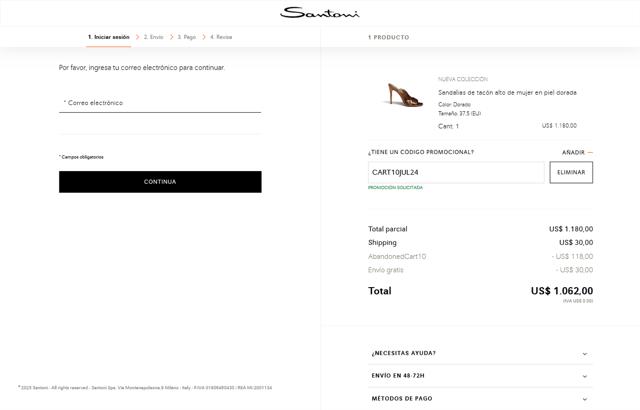 Santoni checkout page showing Santoni promo code box | Screenshot taken by SimplyCodes community member on Feb 25, 2025