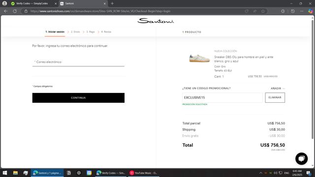 Santoni checkout page showing Santoni promo code box | Screenshot taken by SimplyCodes community member on Feb 6, 2025