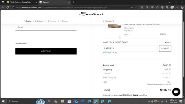 Santoni checkout page showing Santoni promo code box | Screenshot taken by SimplyCodes community member on Feb 14, 2025