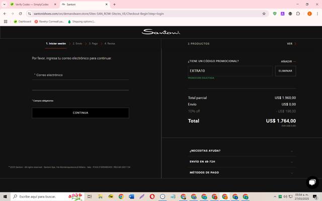 Santoni checkout page showing Santoni promo code box | Screenshot taken by SimplyCodes community member on Mar 27, 2025