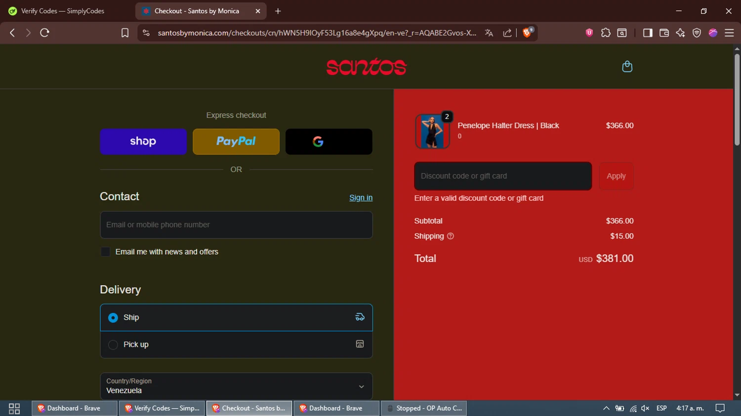 Santos by Monica promo code screenshot showing code WELCOME10 applied at Santos by Monica checkout page. Uploaded by SimplyCodes community member Alfred on Nov 14, 2025