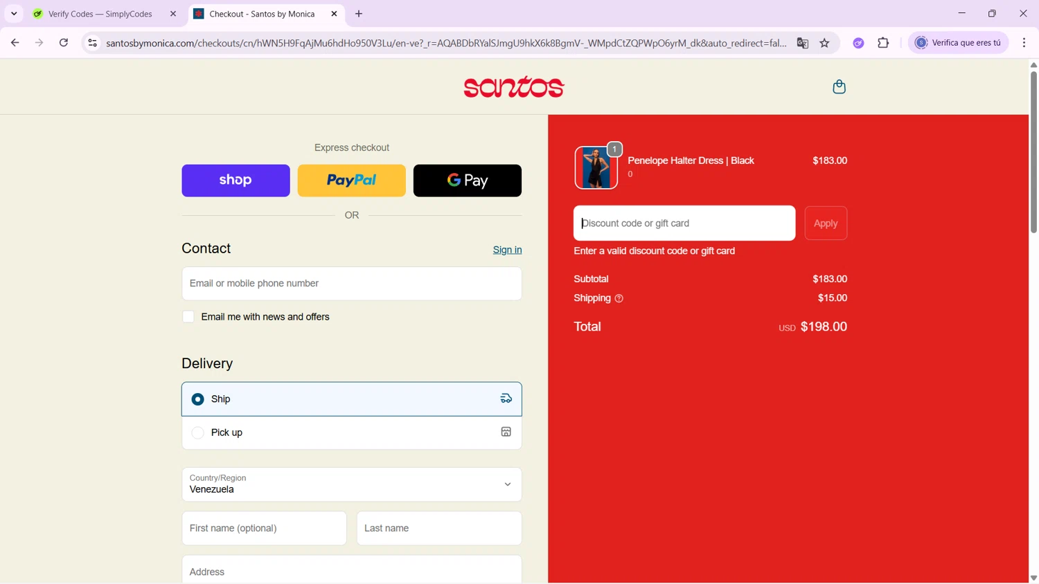 Santos by Monica promo code screenshot showing code WELCOME10 applied at Santos by Monica checkout page. Uploaded by SimplyCodes community member ExtraordinaryWhiz4519 on Nov 14, 2025