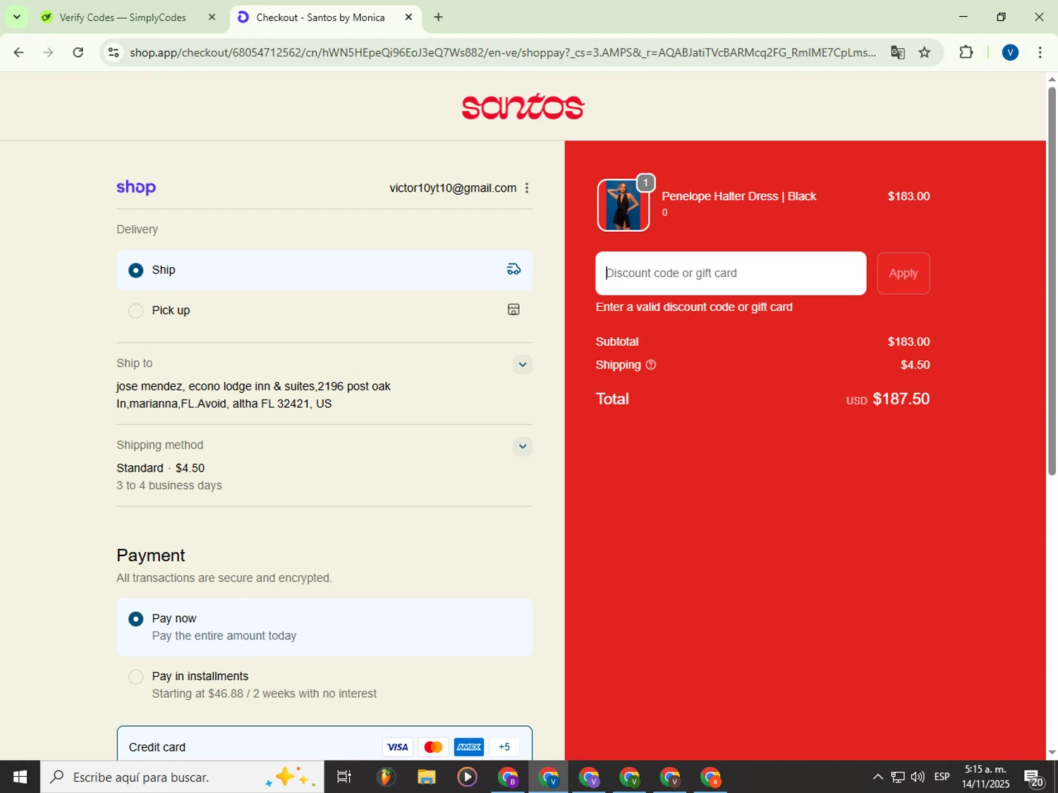 Santos by Monica promo code screenshot showing code WELCOME10 applied at Santos by Monica checkout page. Uploaded by SimplyCodes community member Garou_Y2K on Nov 14, 2025