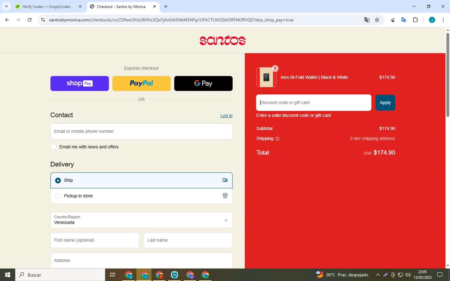 Santos by Monica promo code screenshot showing code loveyou applied at Santos by Monica checkout page. Uploaded by SimplyCodes community member Juan_collug on Mar 14, 2025