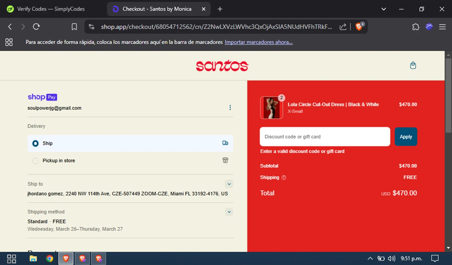 Santos by Monica promo code screenshot showing code loveyou applied at Santos by Monica checkout page. Uploaded by SimplyCodes community member VictoriousTitan454 on Mar 14, 2025