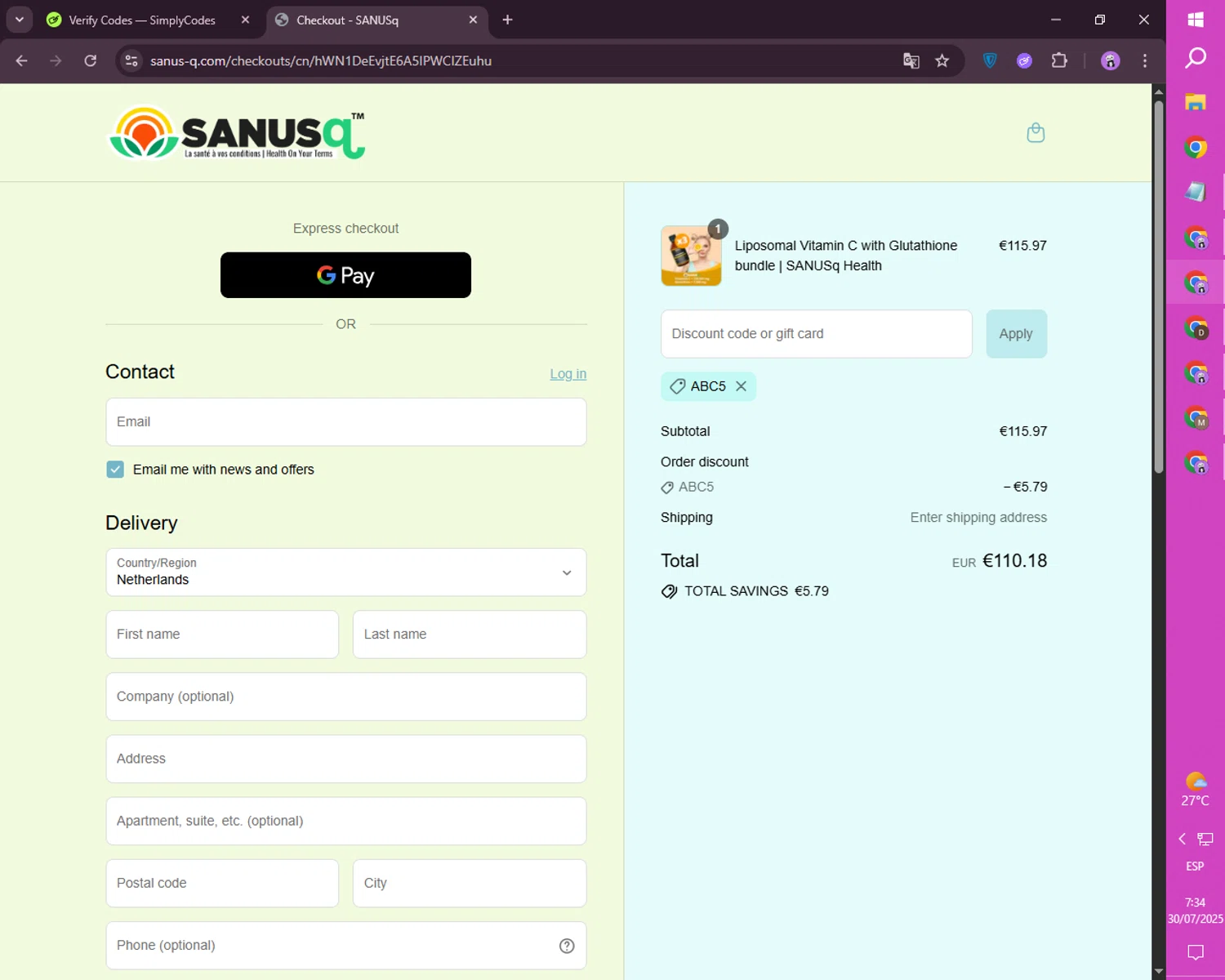 Sanus-Q promo code screenshot showing code ABC5 applied at Sanus-Q checkout page. Uploaded by SimplyCodes community member CashSaver4711 on Jul 30, 2025