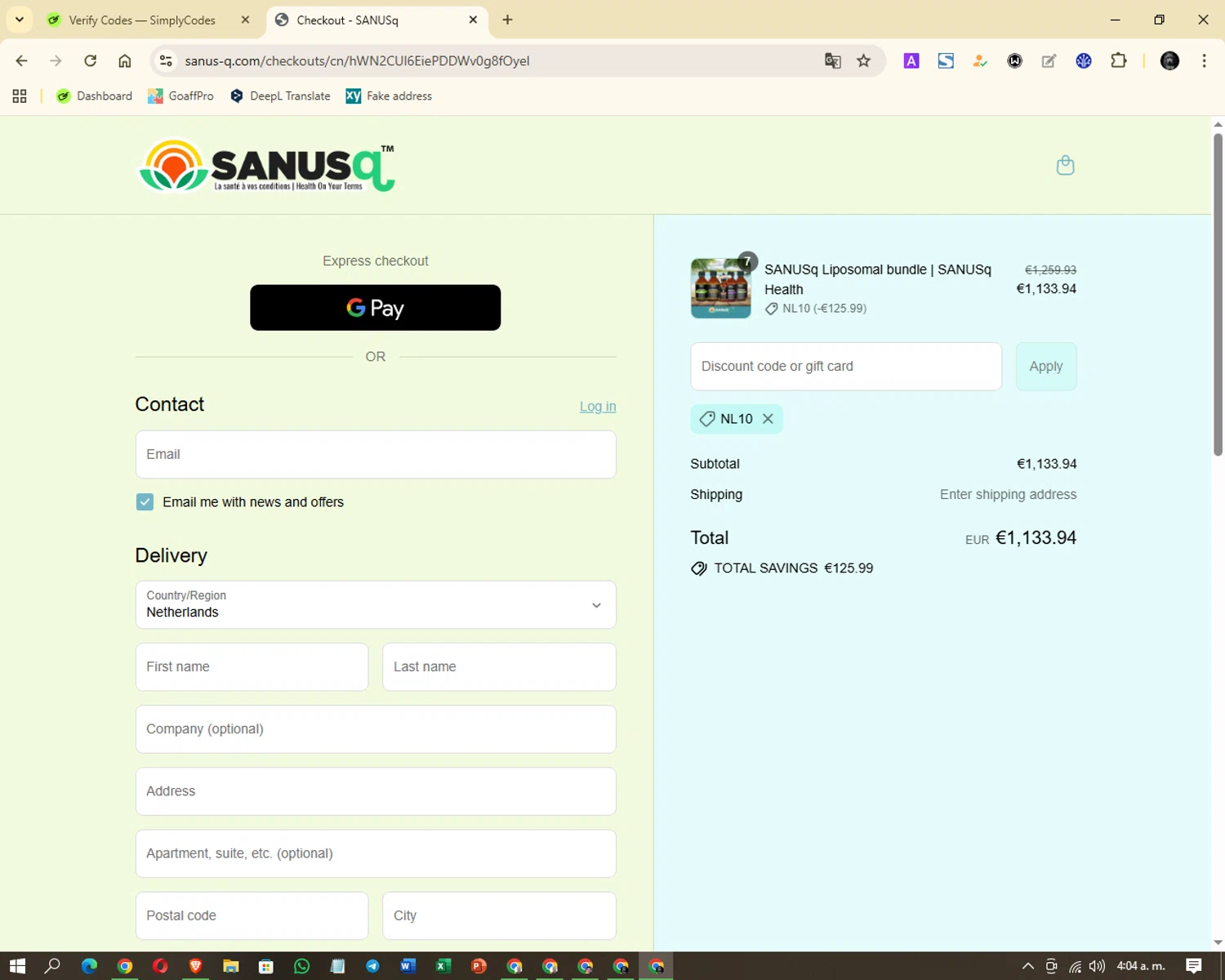 Sanus-Q promo code screenshot showing code NL10 applied at Sanus-Q checkout page. Uploaded by SimplyCodes community member Aspen_Colorado on Aug 25, 2025