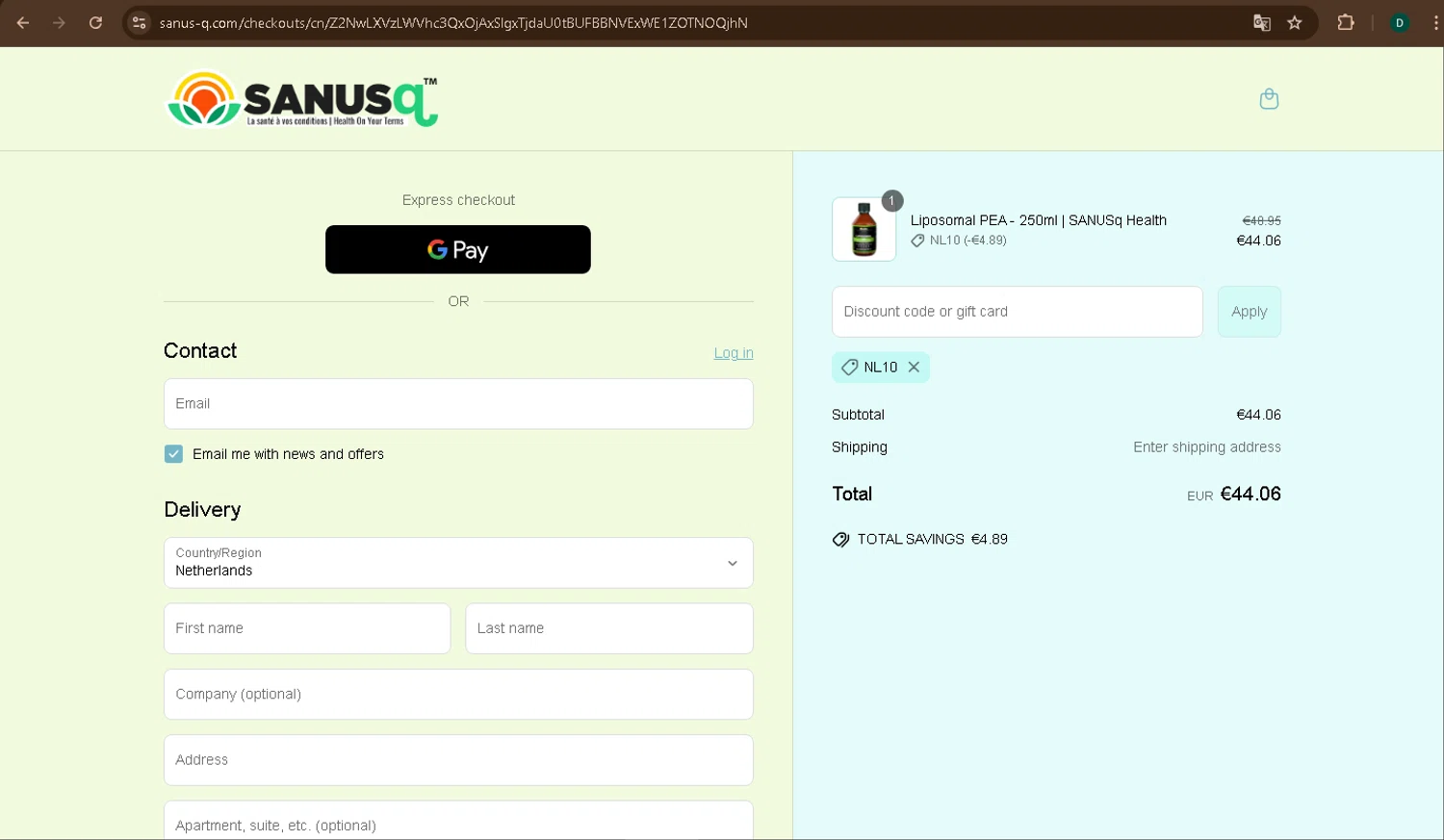 Sanus-Q promo code screenshot showing code NL10 applied at Sanus-Q checkout page. Uploaded by SimplyCodes community member drevin007 on Jun 6, 2025