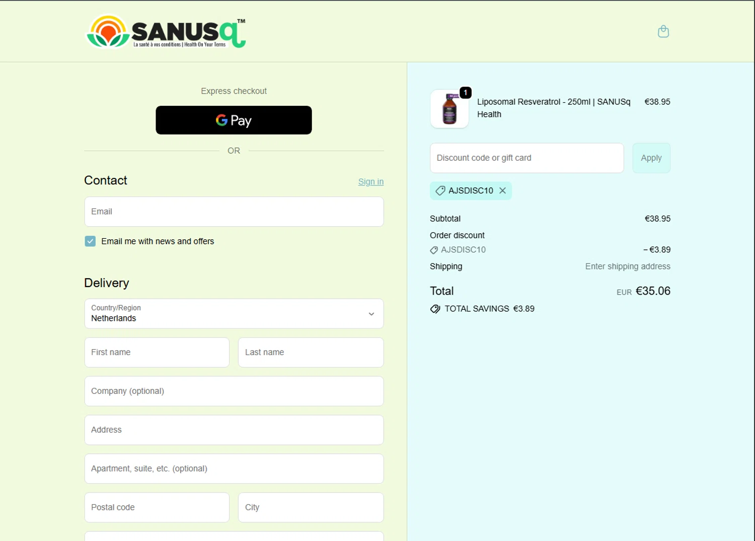 Sanus-Q promo code screenshot showing code ajsdisc10 applied at Sanus-Q checkout page. Uploaded by SimplyCodes community member BrilliantGenius7871 on Dec 3, 2025