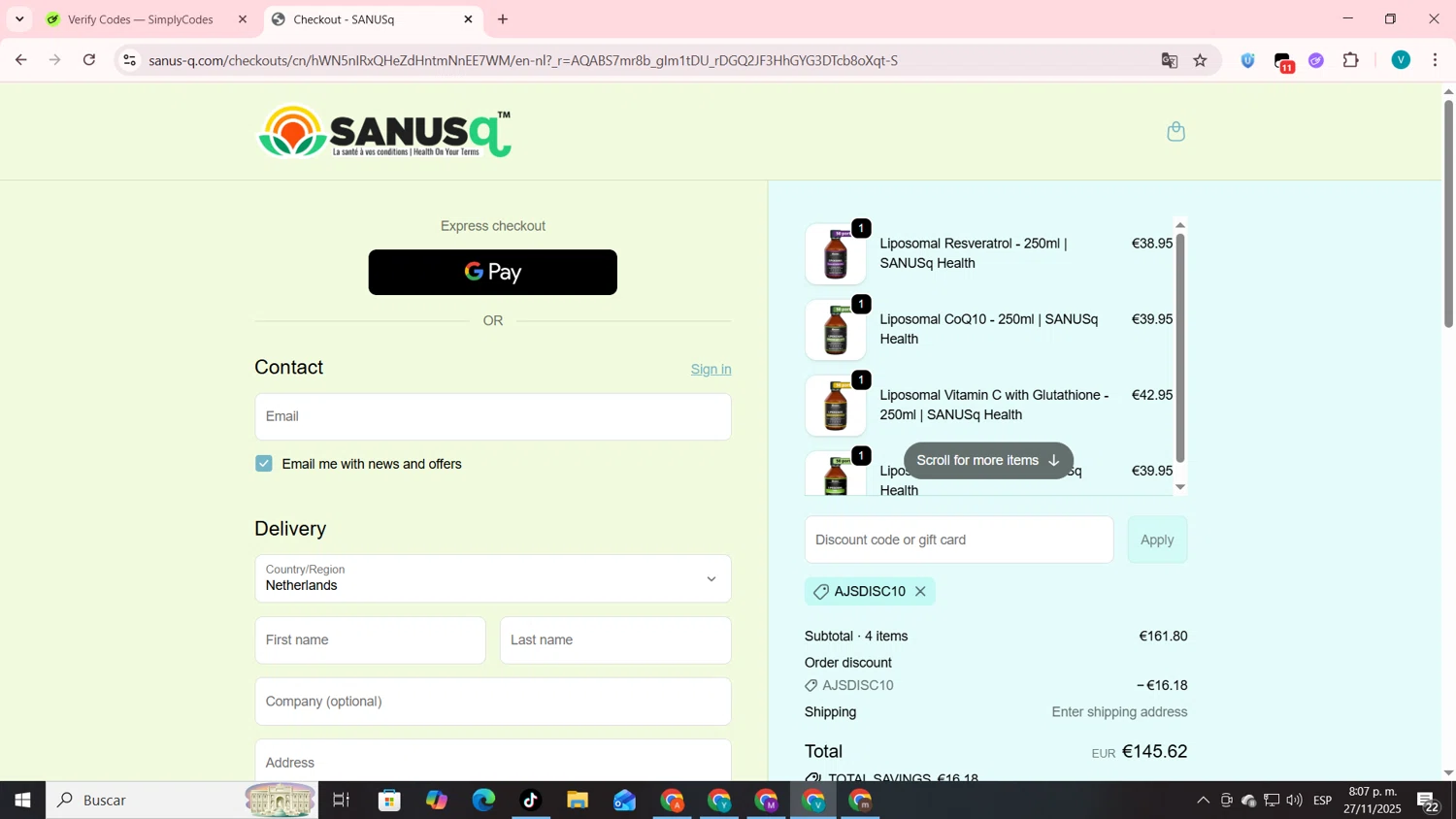 Sanus-Q promo code screenshot showing code ajsdisc10 applied at Sanus-Q checkout page. Uploaded by SimplyCodes community member lyffytaro on Nov 28, 2025