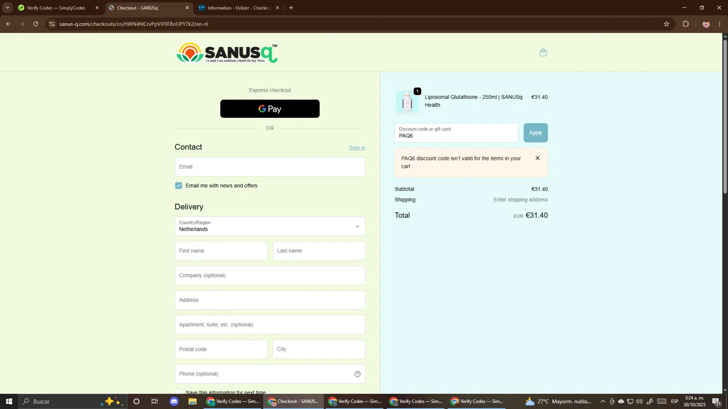 Sanus-Q promo code screenshot showing code PAQ6 applied at Sanus-Q checkout page. Uploaded by SimplyCodes community member El_mynor on Oct 30, 2025