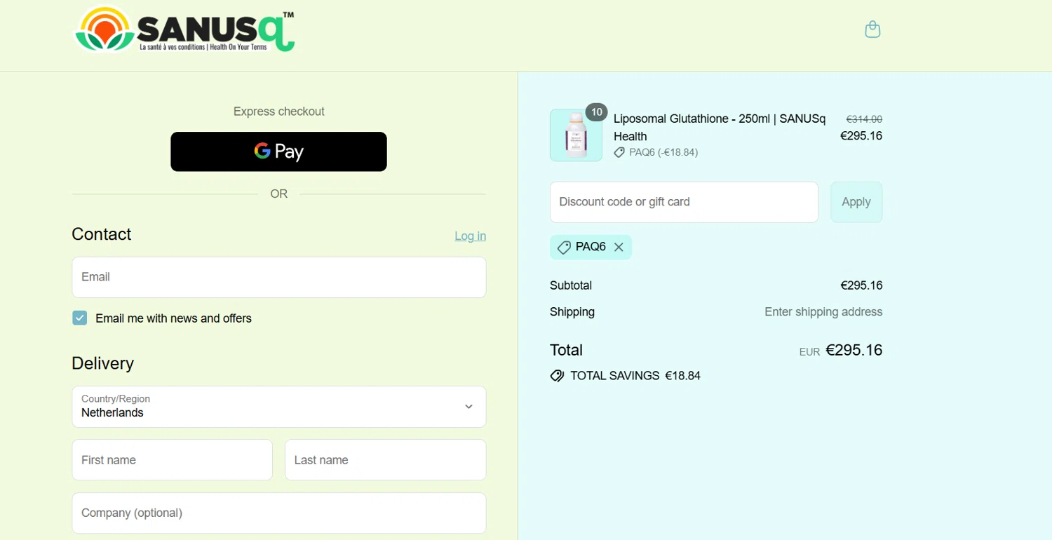 Sanus-Q promo code screenshot showing code PAQ6 applied at Sanus-Q checkout page. Uploaded by SimplyCodes community member MightyMaestro4388 on Jul 13, 2025