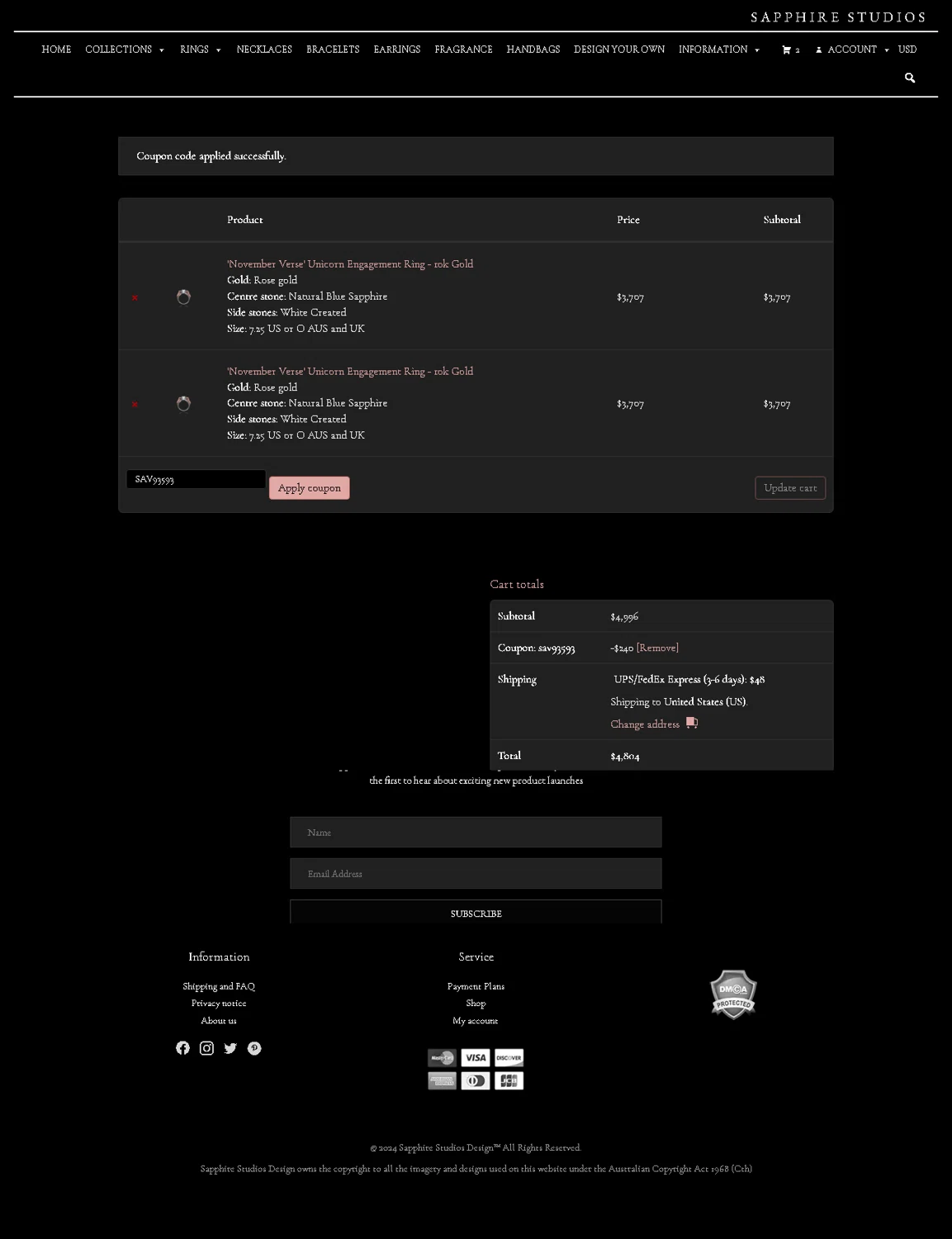 Sapphire Studios Design checkout page showing Sapphire Studios Design coupon code box | Screenshot taken by SimplyCodes community member on Oct 5, 2024
