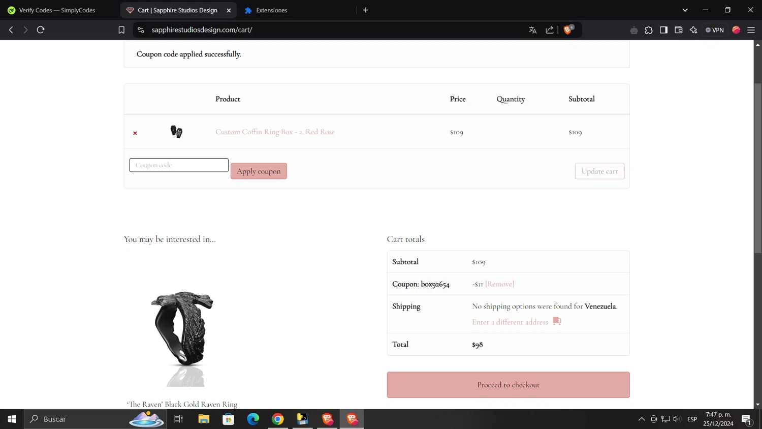Sapphire Studios Design checkout page showing Sapphire Studios Design coupon code box | Screenshot taken by SimplyCodes community member on Dec 25, 2024