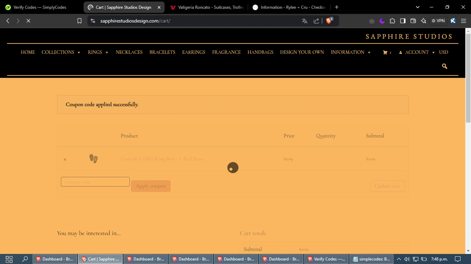 Sapphire Studios Design checkout page showing Sapphire Studios Design coupon code box | Screenshot taken by SimplyCodes community member on Dec 25, 2024